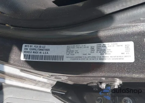 2022 Ram 1500 Laramie 4X2 5'7 Box из США, поврежденный, VIN 1C6RREJT0NN274920